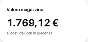 Widget «Valore magazzino» con 1.769,12 € ai costi dei lotti in giacenza.
